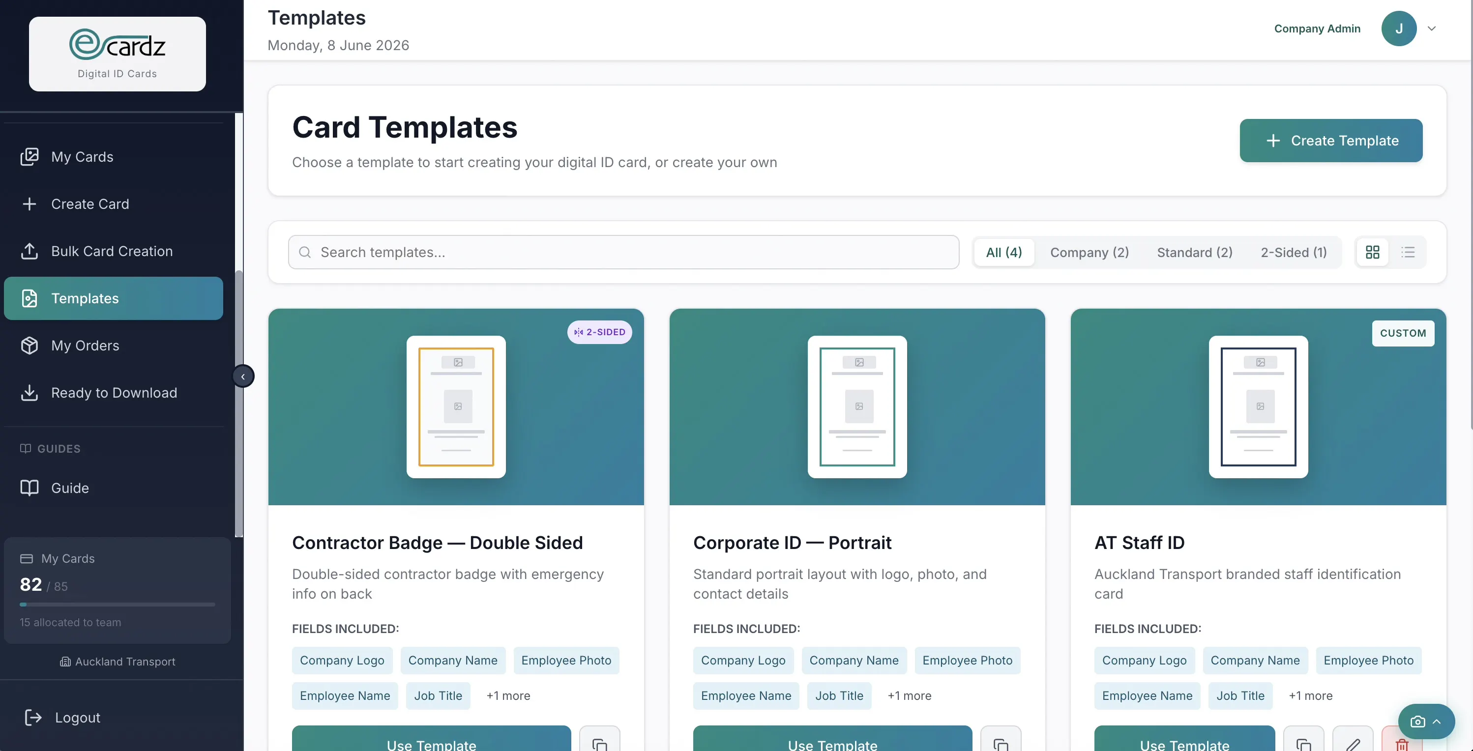 Company admin templates — manage card designs for the organisation